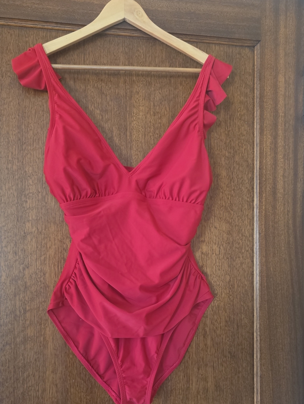 Ellen Tracy Red Ruffle-Shoulder One-Piece Swimsuit